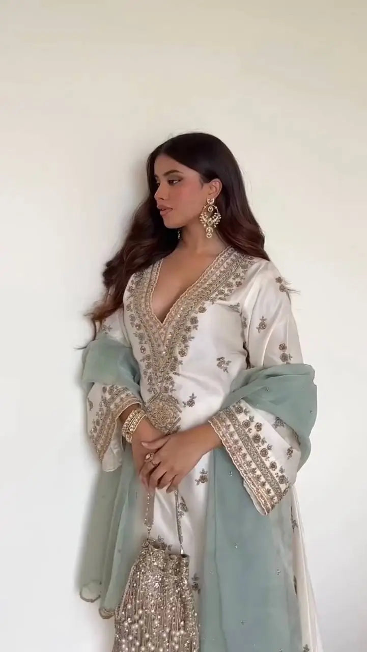 Embroidered Roman Silk Kurta Pant Set with Organza Dupatta for Festive and Party Wear