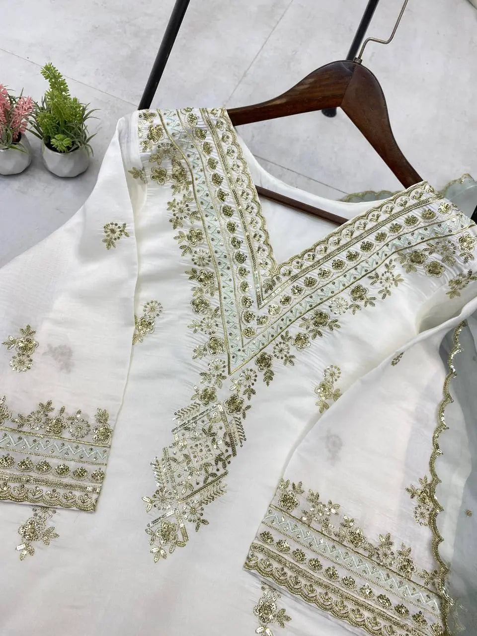 Embroidered Roman Silk Kurta Pant Set with Organza Dupatta for Festive and Party Wear