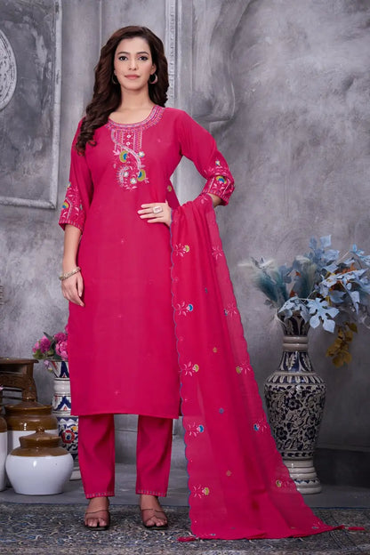 Embroidered Roman Silk Kurti Pant Set with Dupatta