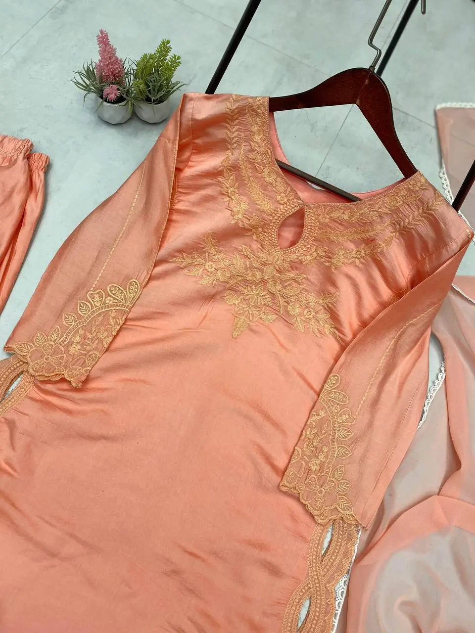 Embroidered Roman Silk Kurti Pant Set with Dupatta for Festive and Occasion Wear