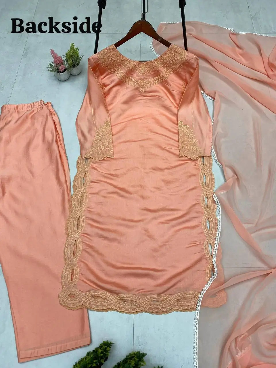 Embroidered Roman Silk Kurti Pant Set with Dupatta for Festive and Occasion Wear