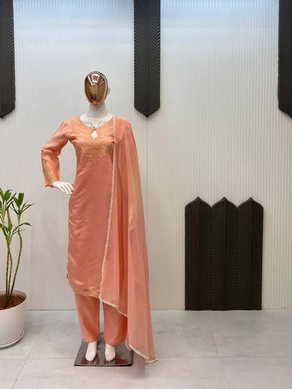 Embroidered Roman Silk Kurti Pant Set with Dupatta for Festive and Occasion Wear