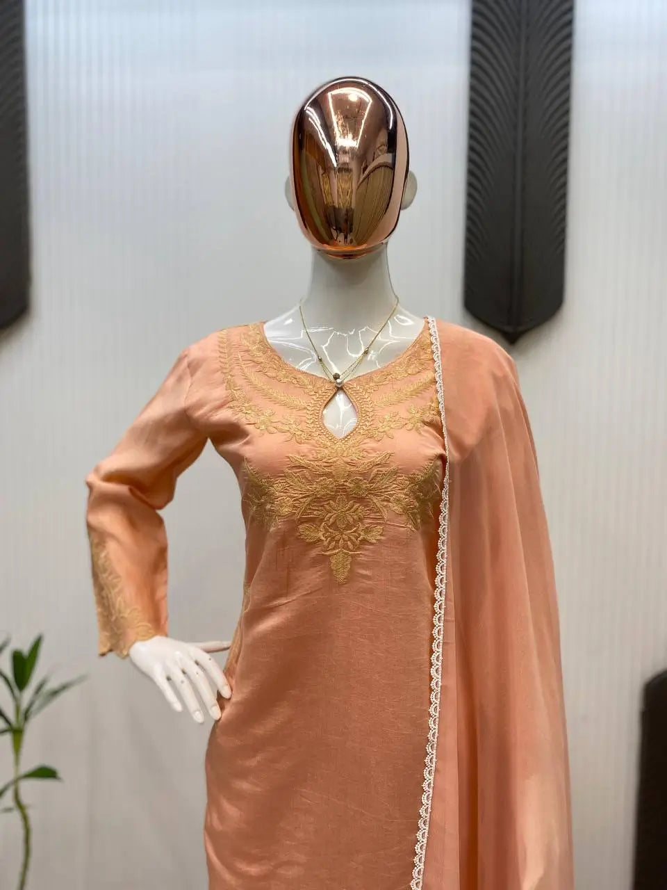 Embroidered Roman Silk Kurti Pant Set with Dupatta for Festive and Occasion Wear