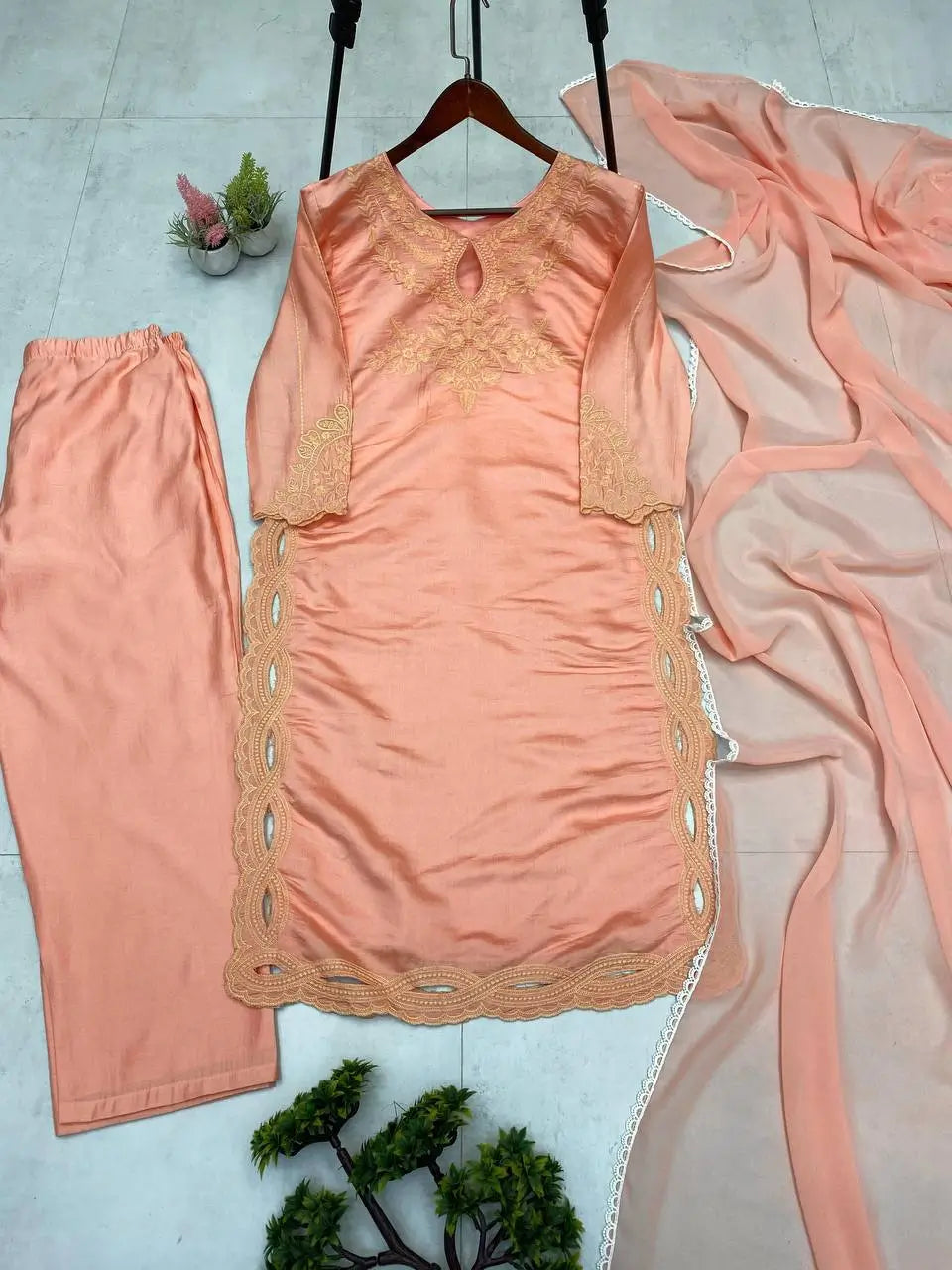 Embroidered Roman Silk Kurti Pant Set with Dupatta for Festive and Occasion Wear