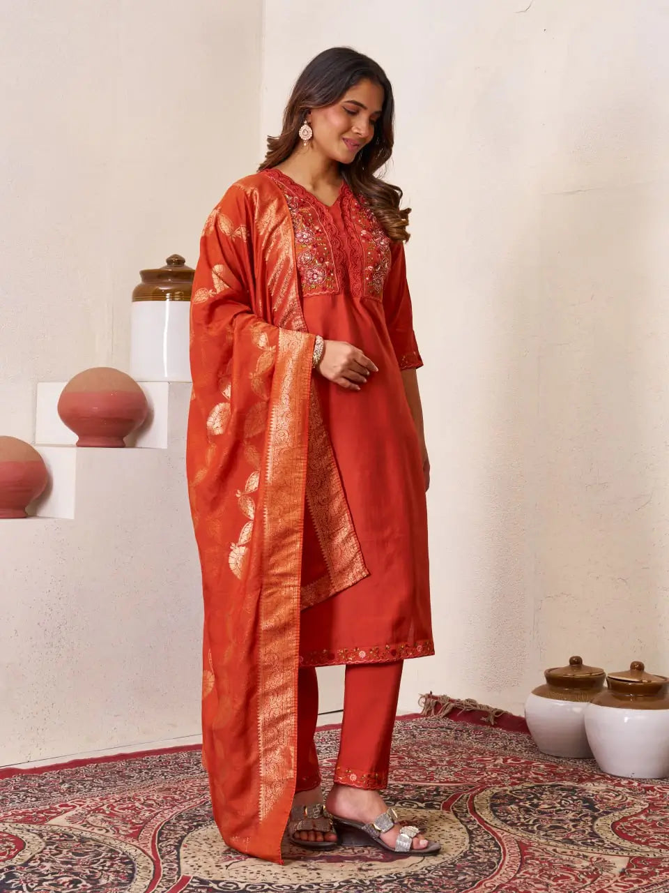 Embroidered Roman Silk Kurti Pant Set with Jacquard Dupatta