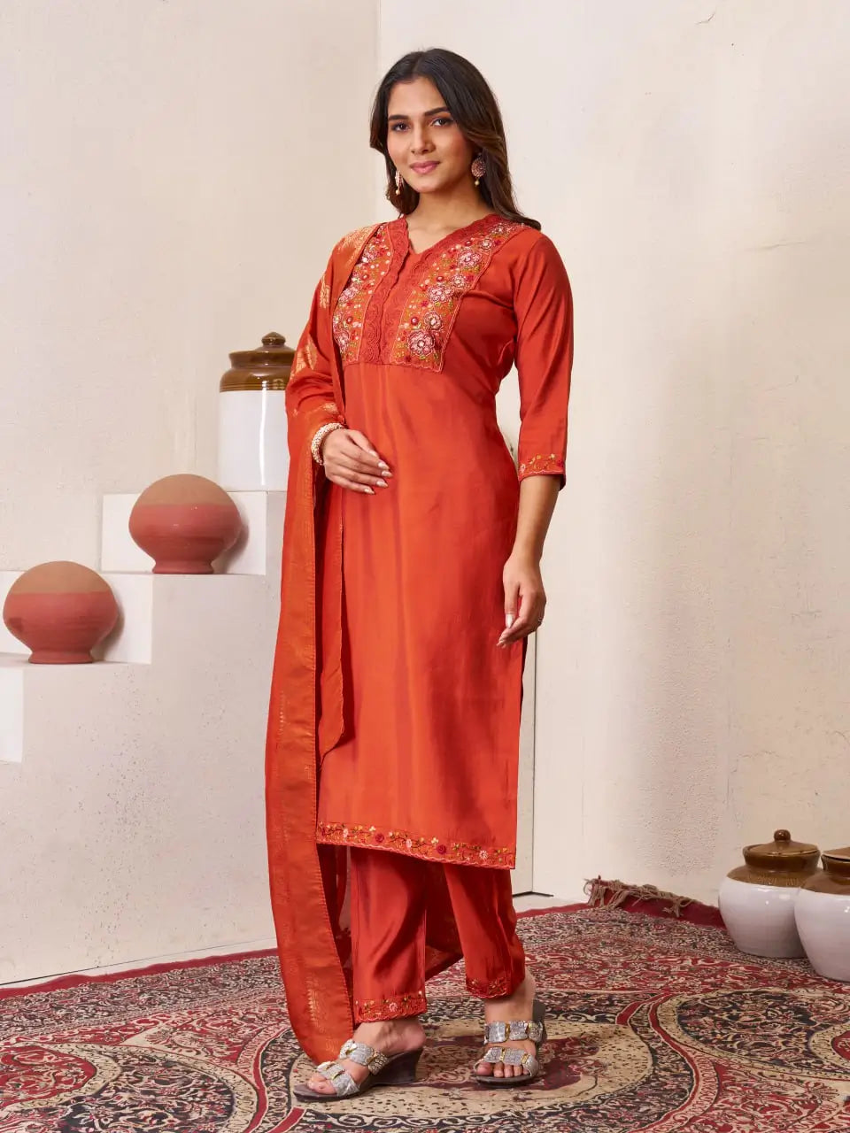 Embroidered Roman Silk Kurti Pant Set with Jacquard Dupatta
