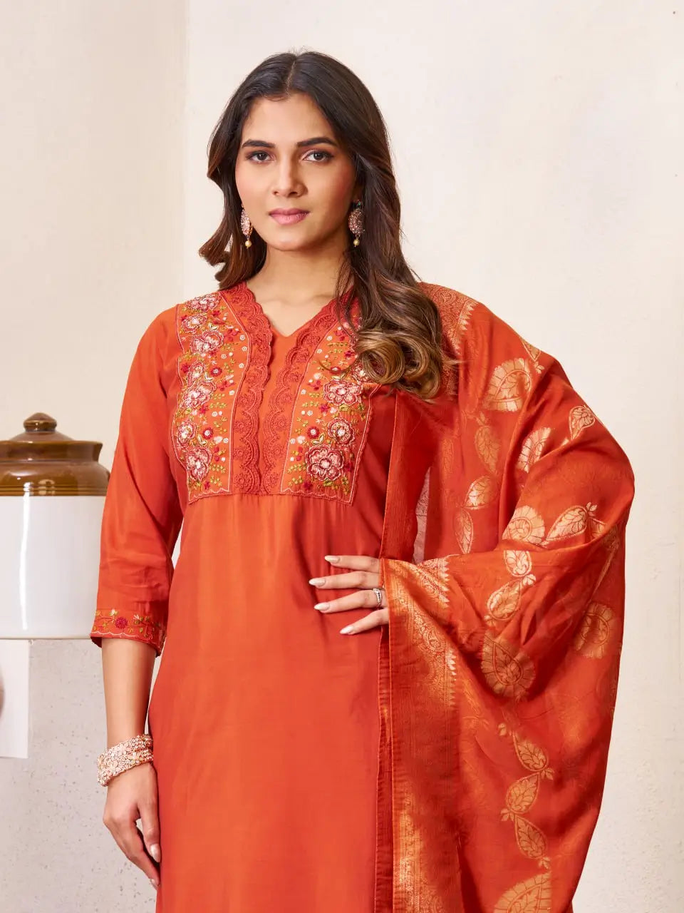 Embroidered Roman Silk Kurti Pant Set with Jacquard Dupatta