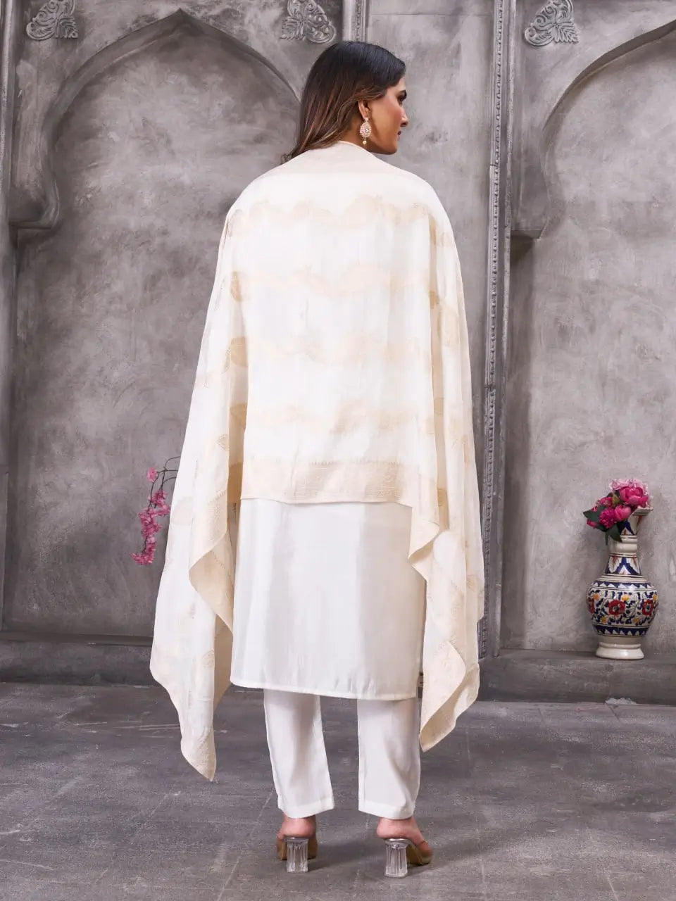 Embroidered Roman Silk Kurti Pant Set with Jacquard Dupatta