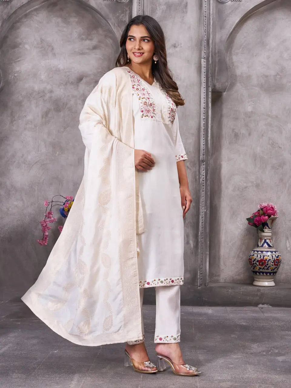 Embroidered Roman Silk Kurti Pant Set with Jacquard Dupatta