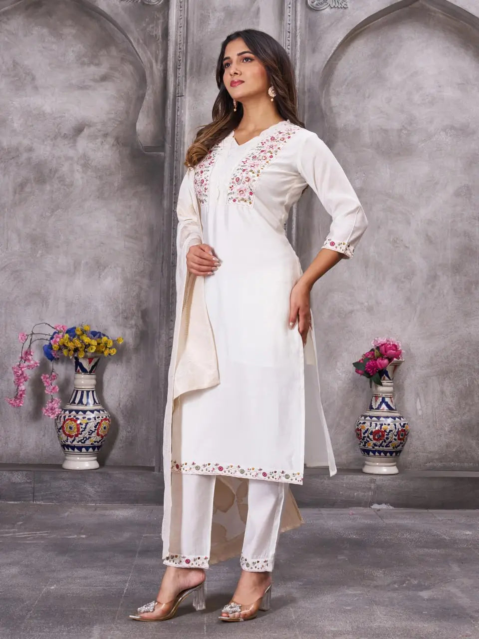 Embroidered Roman Silk Kurti Pant Set with Jacquard Dupatta