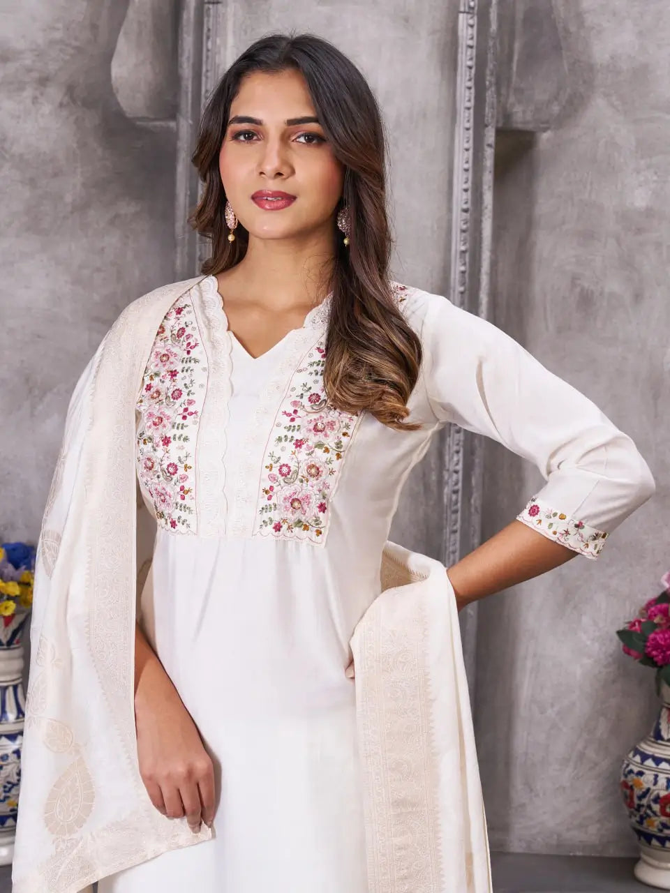 Embroidered Roman Silk Kurti Pant Set with Jacquard Dupatta