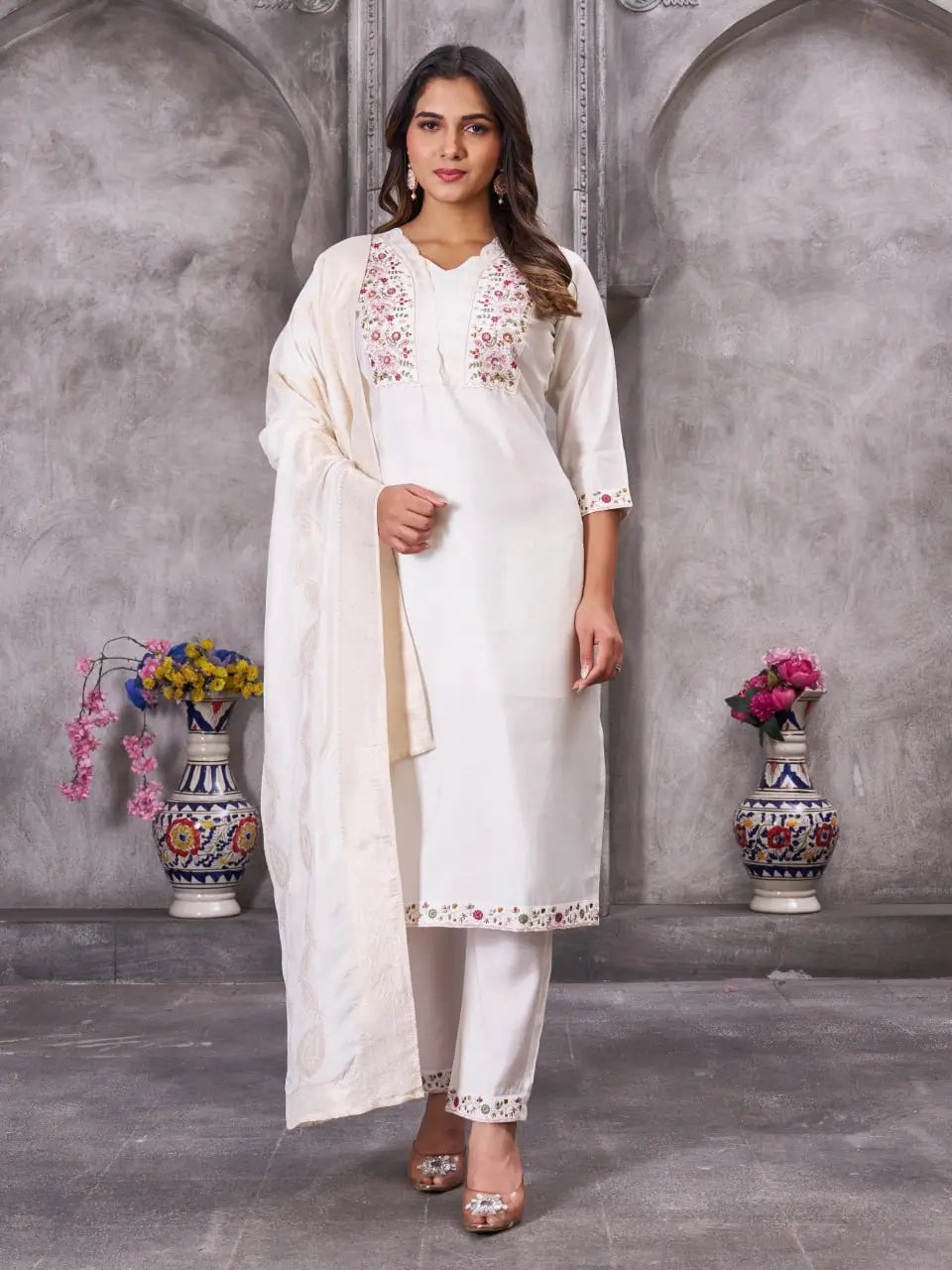 Embroidered Roman Silk Kurti Pant Set with Jacquard Dupatta
