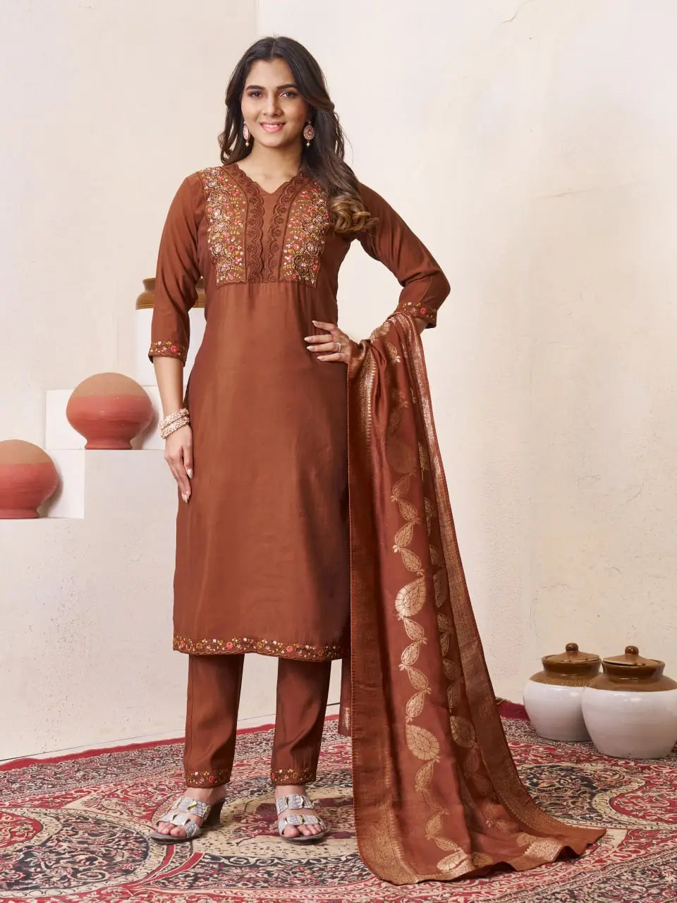 Embroidered Roman Silk Kurti Pant Set with Jacquard Dupatta