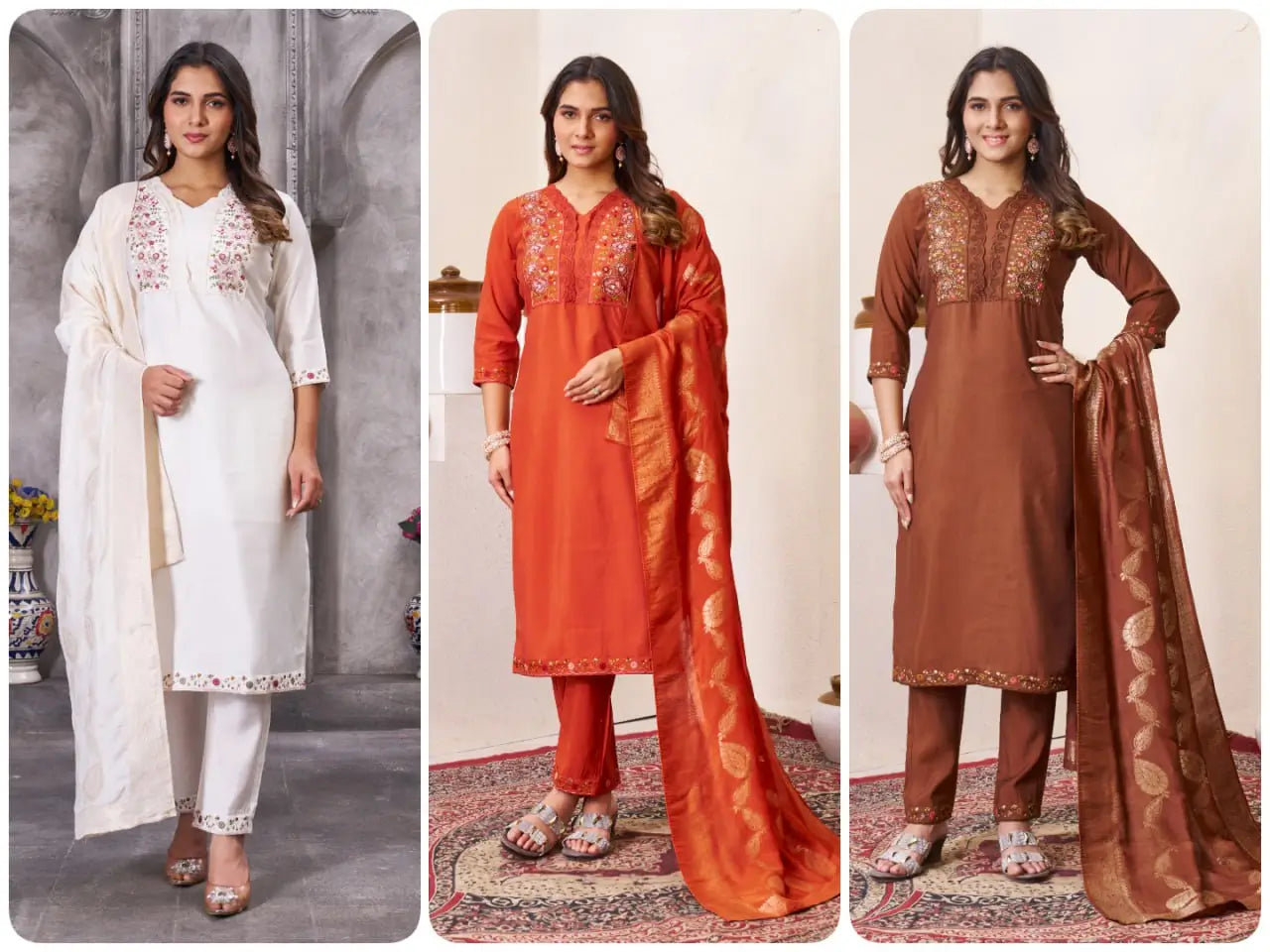 Embroidered Roman Silk Kurti Pant Set with Jacquard Dupatta