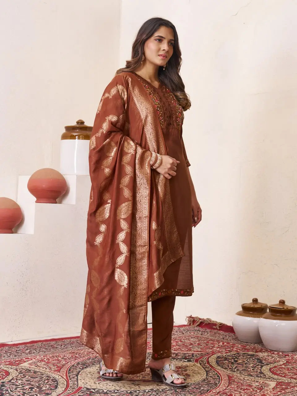 Embroidered Roman Silk Kurti Pant Set with Jacquard Dupatta