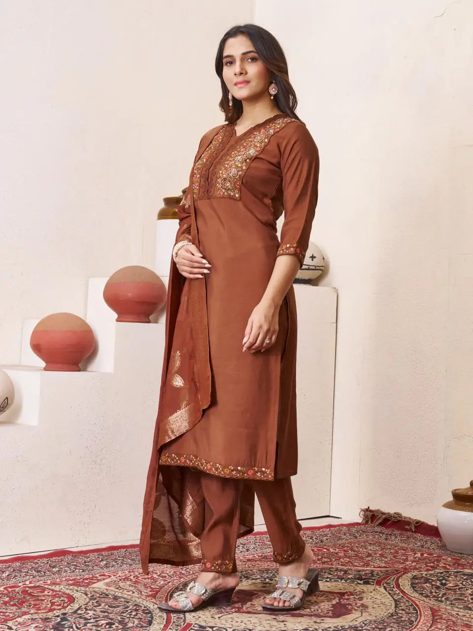 Embroidered Roman Silk Kurti Pant Set with Jacquard Dupatta