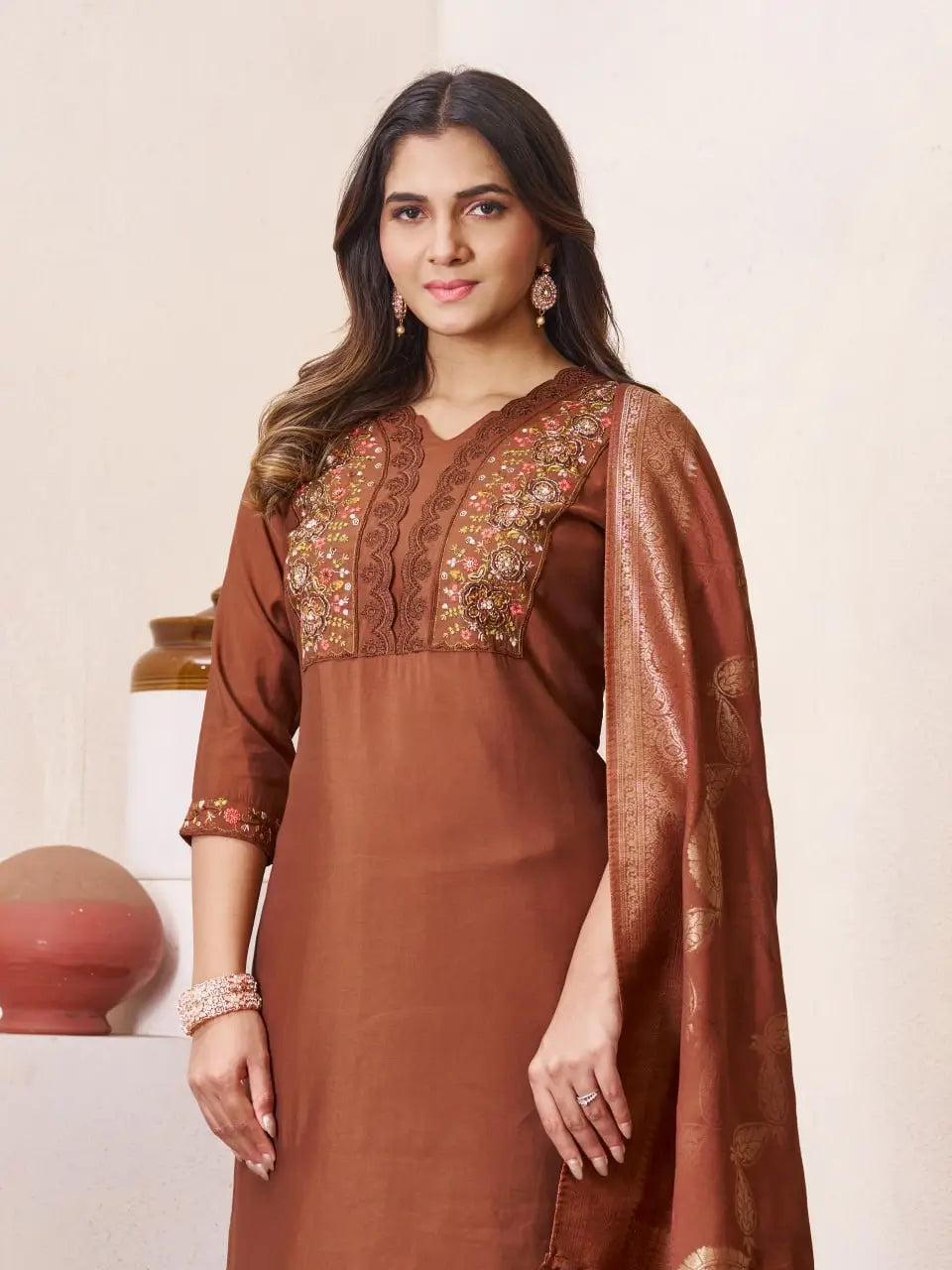 Embroidered Roman Silk Kurti Pant Set with Jacquard Dupatta
