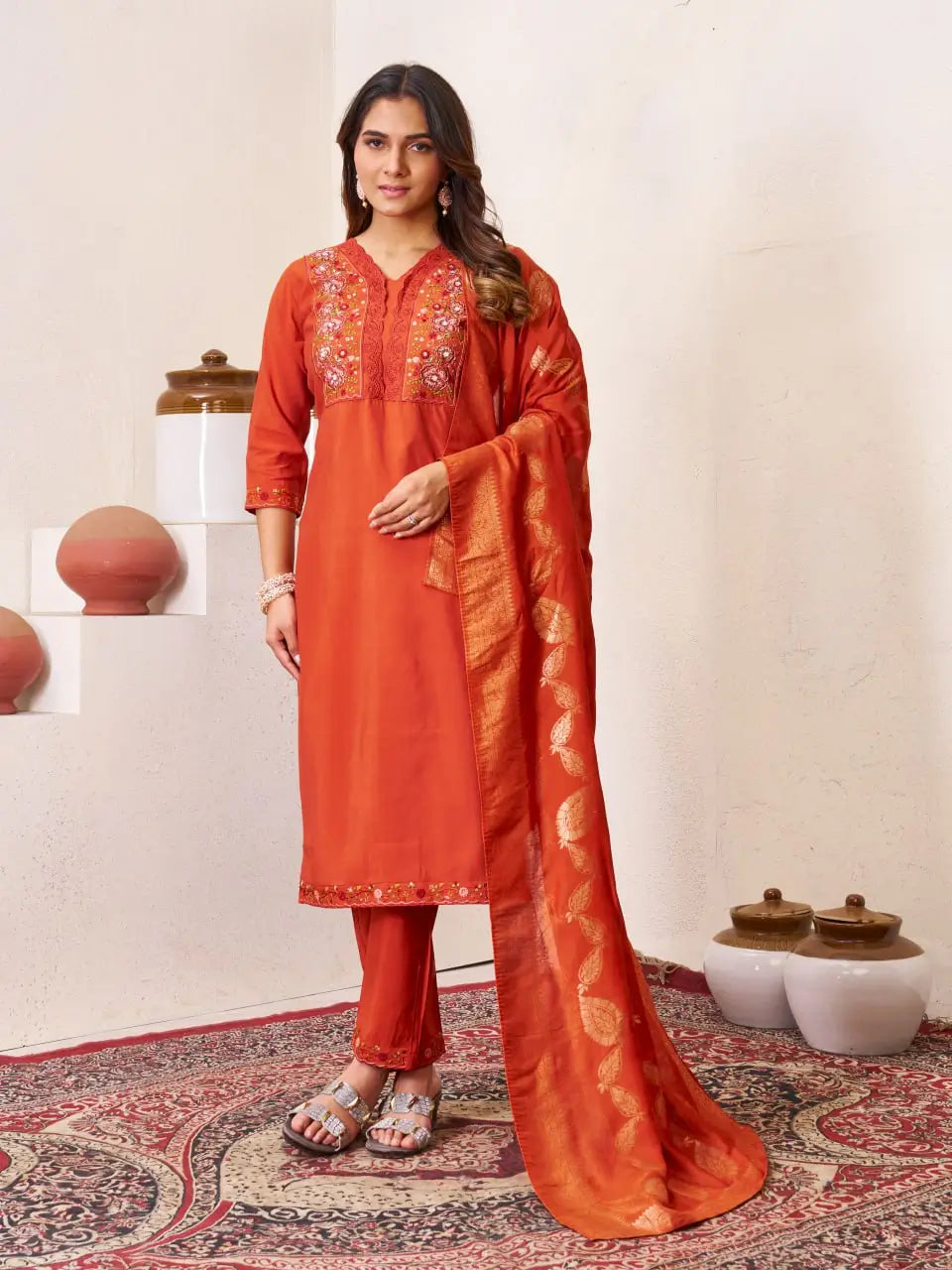 Embroidered Roman Silk Kurti Pant Set with Jacquard Dupatta