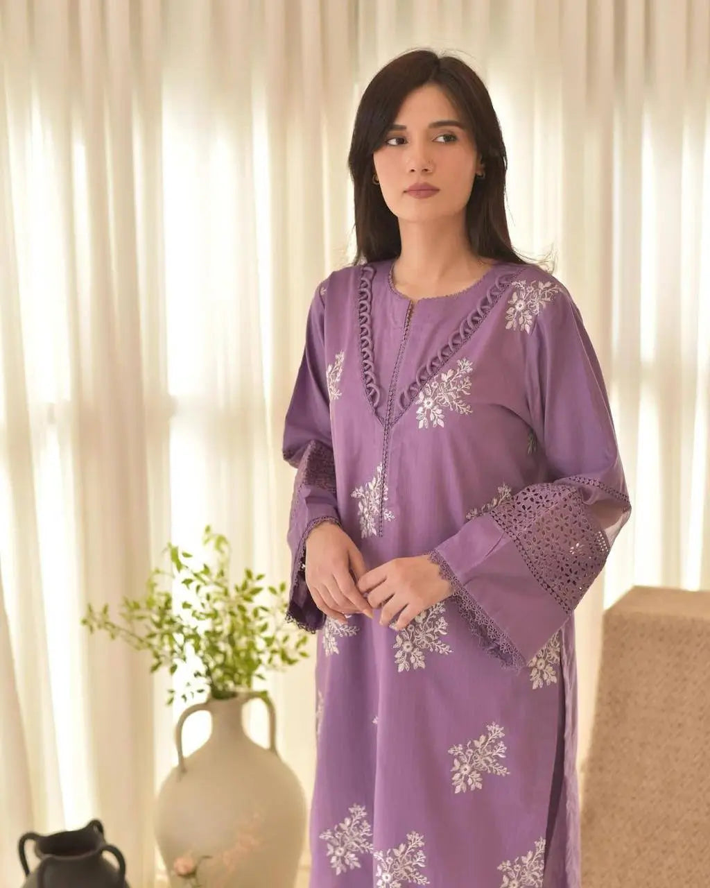 Embroidered Roman Silk Kurti Pant Set with Printed Silver Chiffon Dupatta