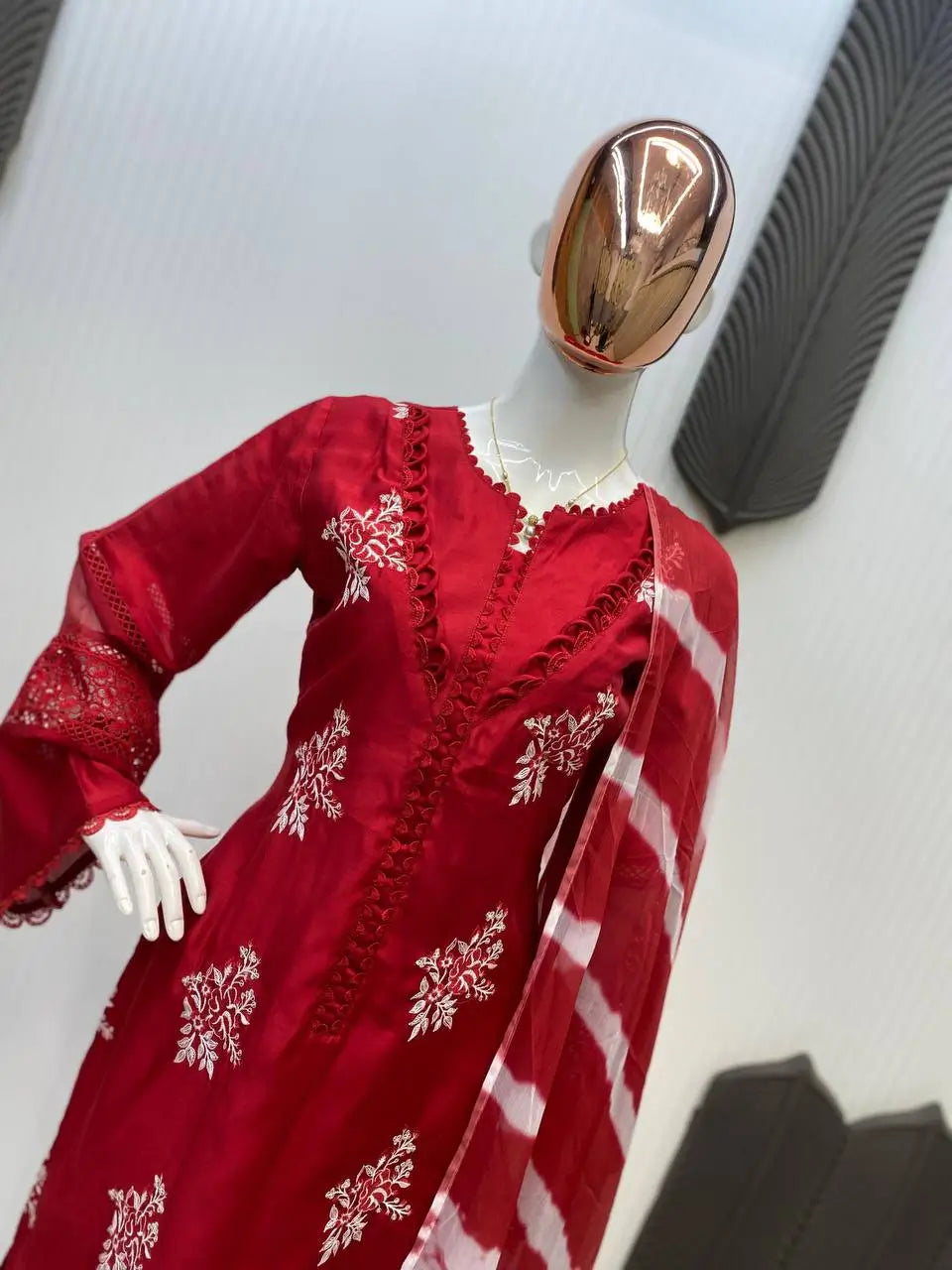 Embroidered Roman Silk Kurti Pant Set with Printed Silver Chiffon Dupatta