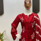 Embroidered Roman Silk Kurti Pant Set with Printed Silver Chiffon Dupatta
