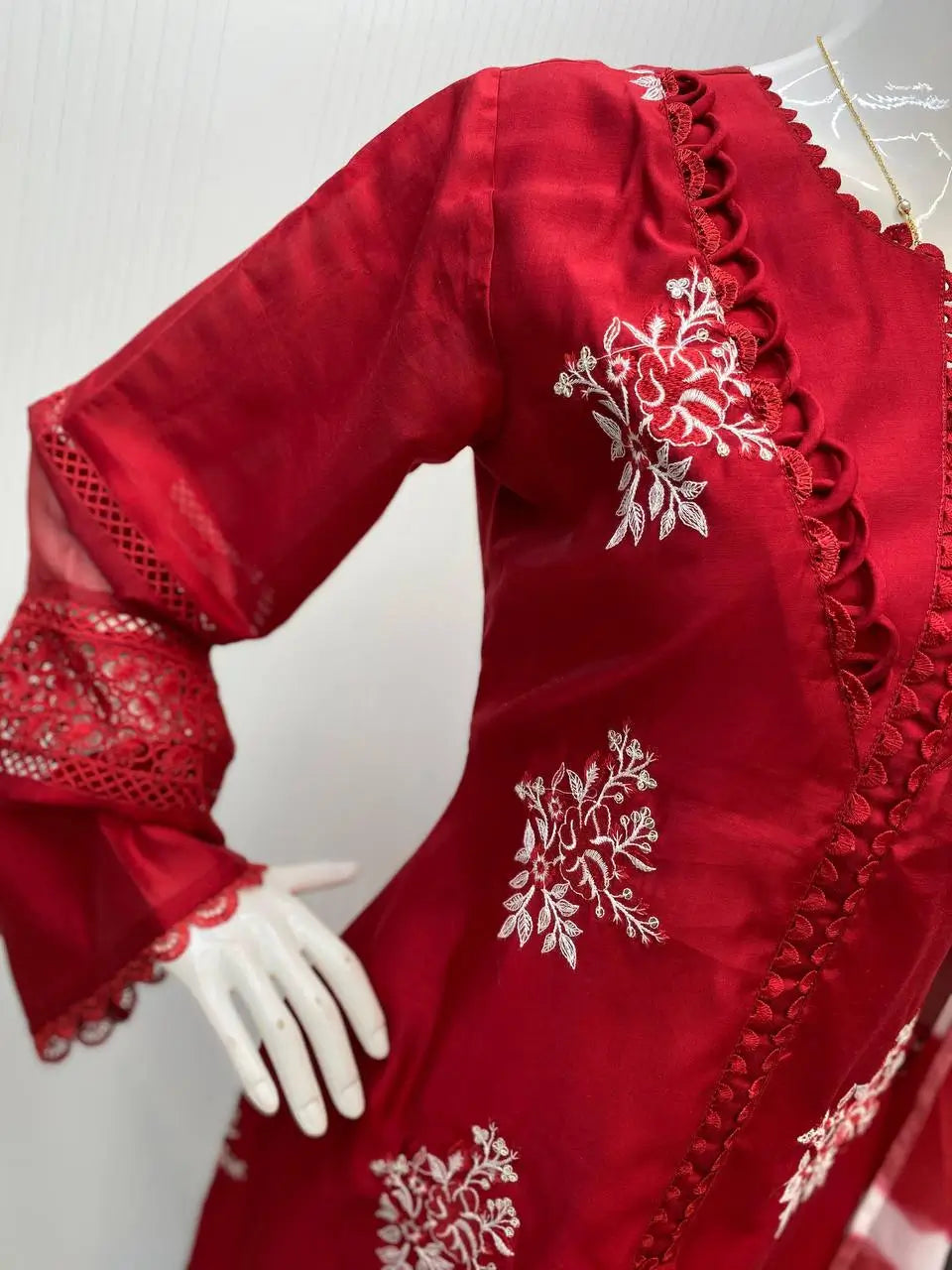 Embroidered Roman Silk Kurti Pant Set with Printed Silver Chiffon Dupatta