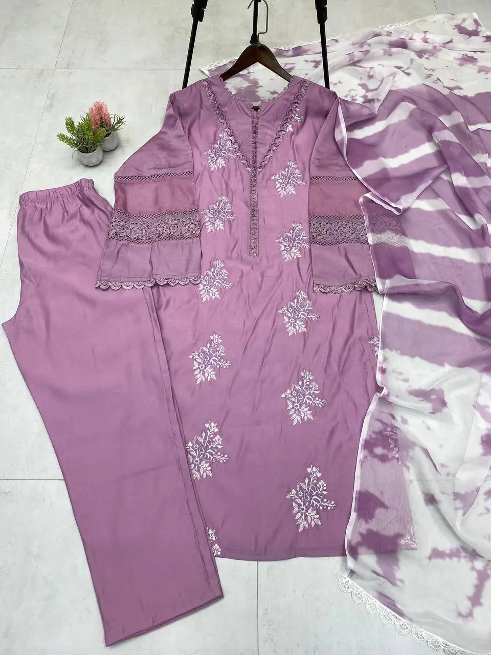 Embroidered Roman Silk Kurti Pant Set with Printed Silver Chiffon Dupatta