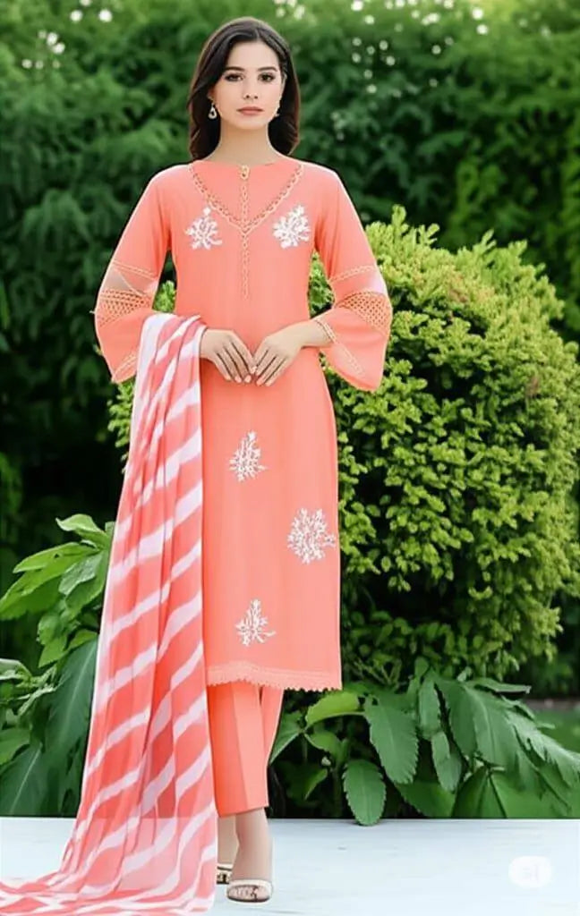 Embroidered Roman Silk Kurti Pant Set with Printed Silver Chiffon Dupatta