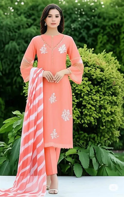 Embroidered Roman Silk Kurti Pant Set with Printed Silver Chiffon Dupatta