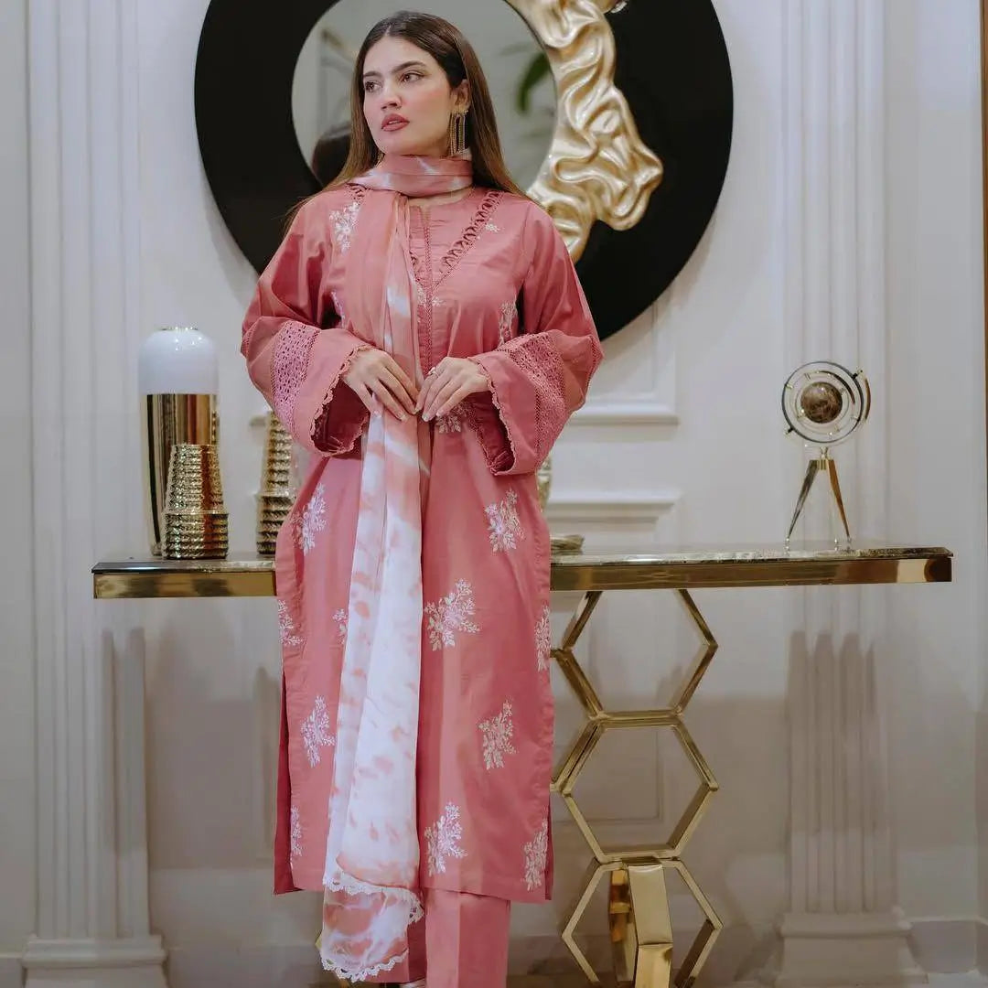 Embroidered Roman Silk Kurti Pant Set with Printed Silver Chiffon Dupatta