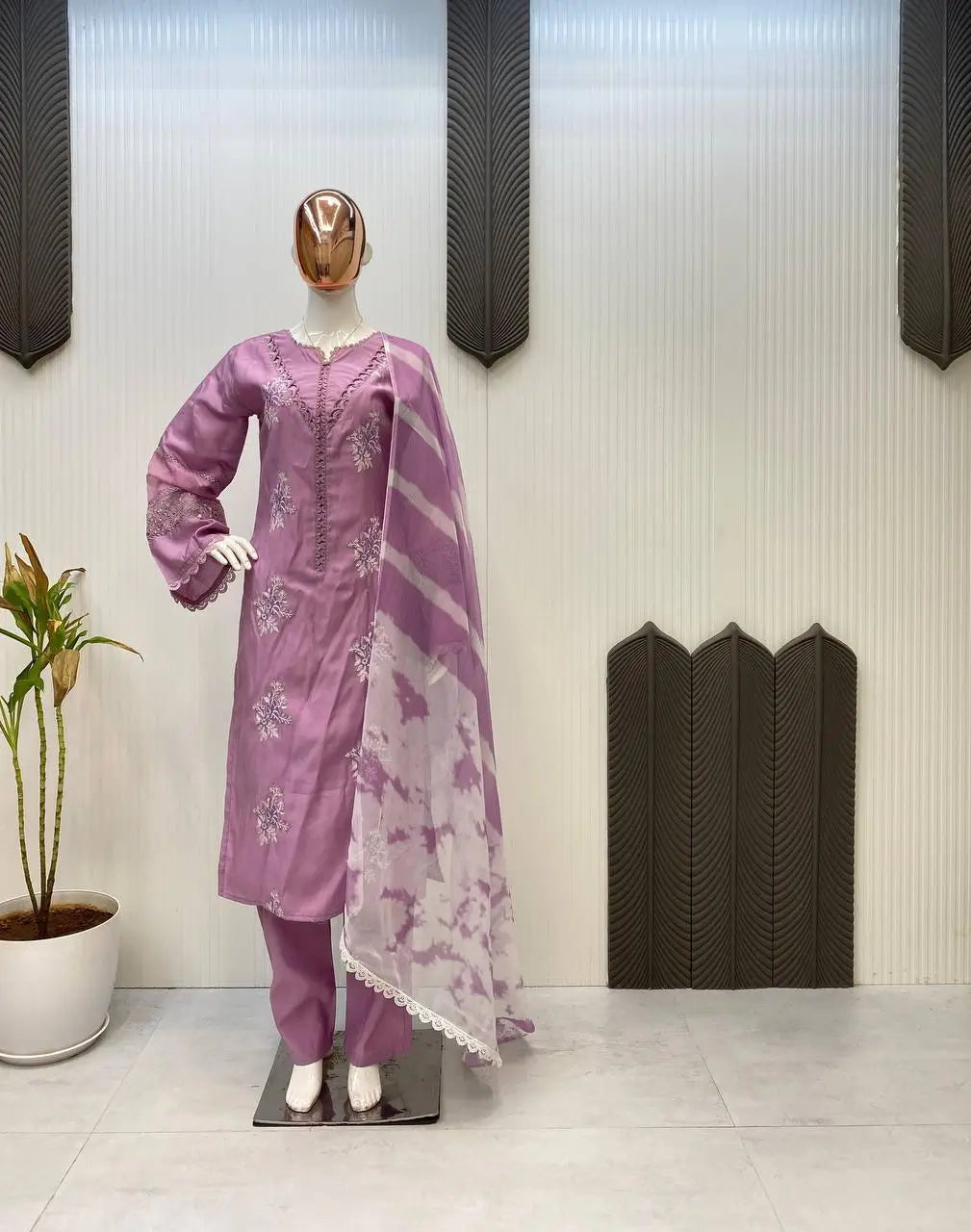 Embroidered Roman Silk Kurti Pant Set with Printed Silver Chiffon Dupatta