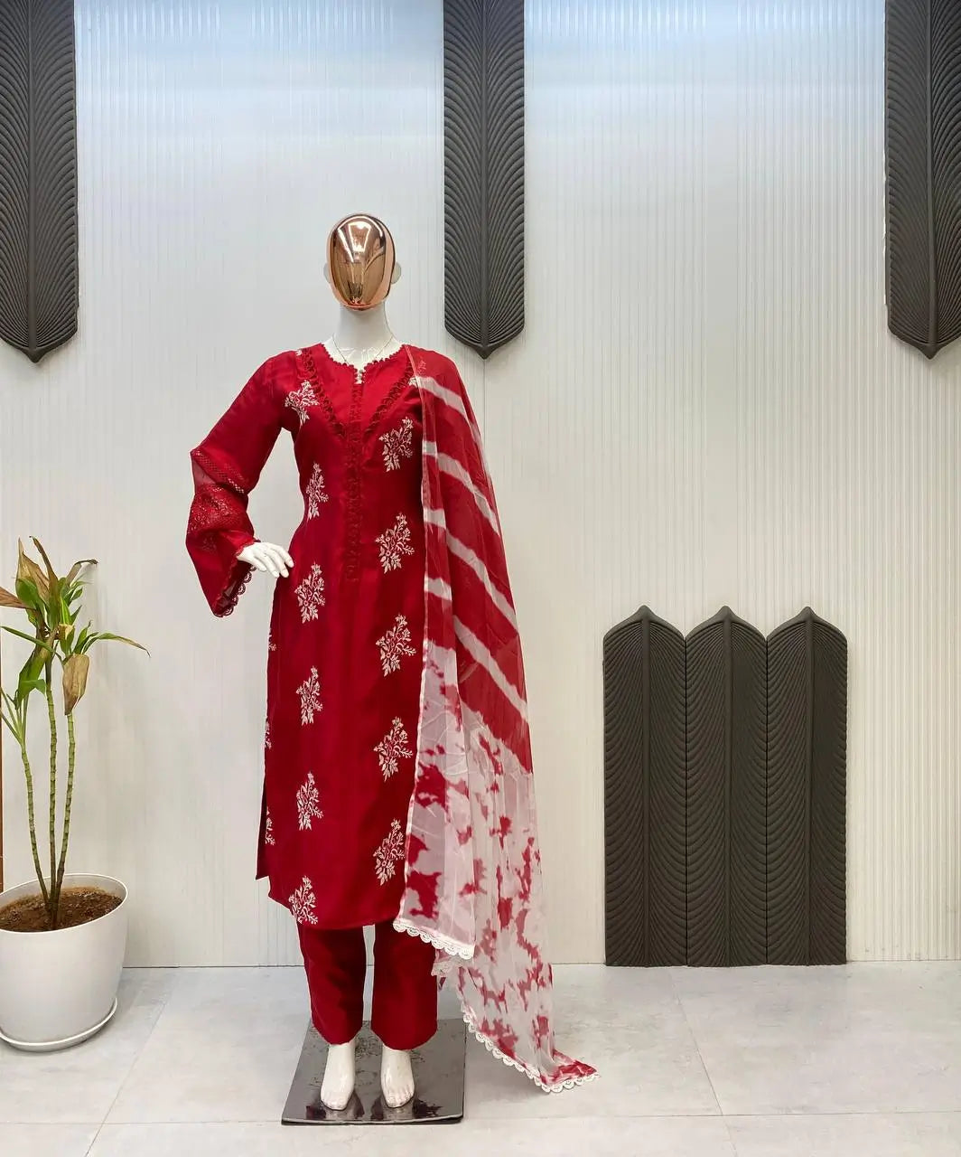 Embroidered Roman Silk Kurti Pant Set with Printed Silver Chiffon Dupatta