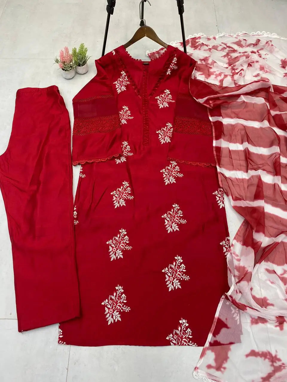 Embroidered Roman Silk Kurti Pant Set with Printed Silver Chiffon Dupatta
