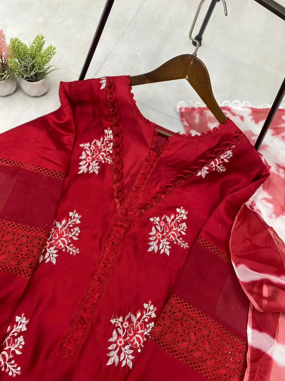 Embroidered Roman Silk Kurti Pant Set with Printed Silver Chiffon Dupatta
