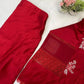 Embroidered Roman Silk Kurti Pant Set with Printed Silver Chiffon Dupatta