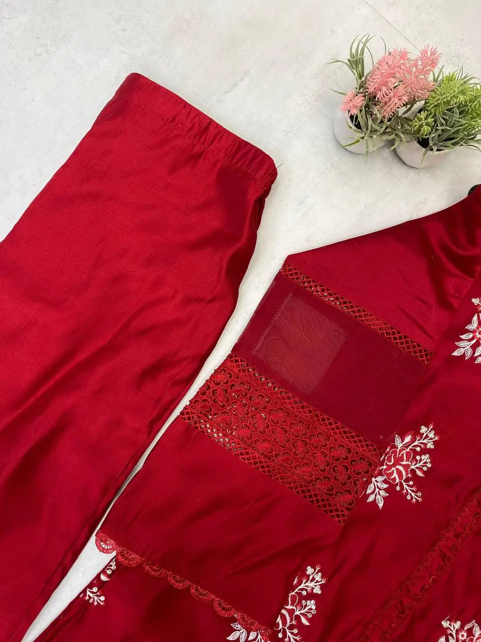 Embroidered Roman Silk Kurti Pant Set with Printed Silver Chiffon Dupatta