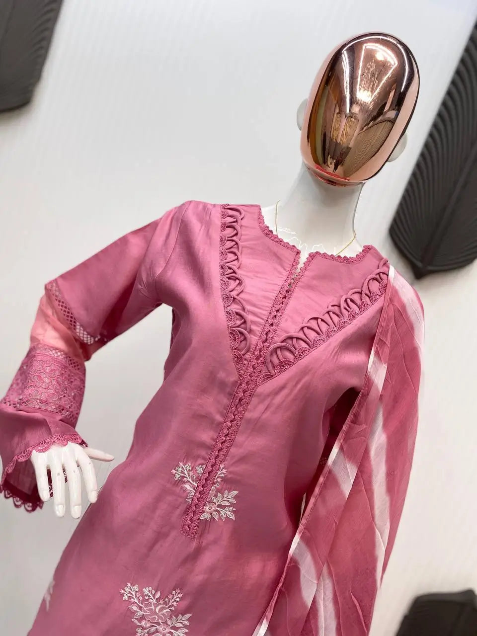 Embroidered Roman Silk Kurti Pant Set with Printed Silver Chiffon Dupatta