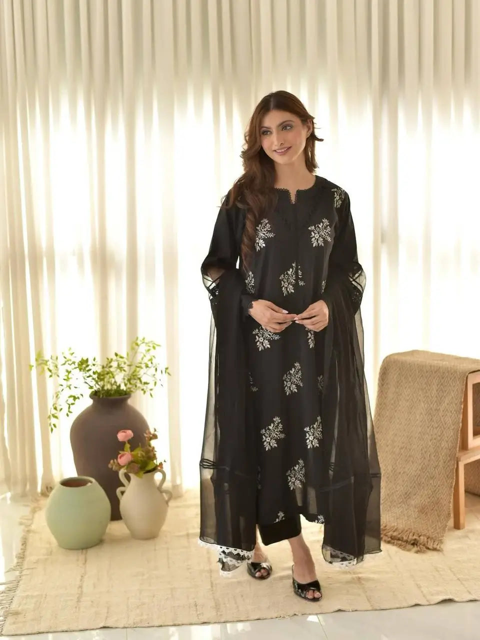 Embroidered Roman Silk Kurti Pant Set with Printed Silver Chiffon Dupatta