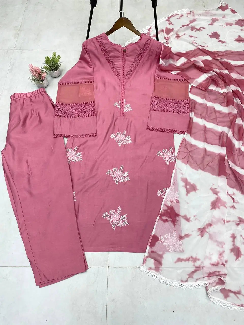 Embroidered Roman Silk Kurti Pant Set with Printed Silver Chiffon Dupatta