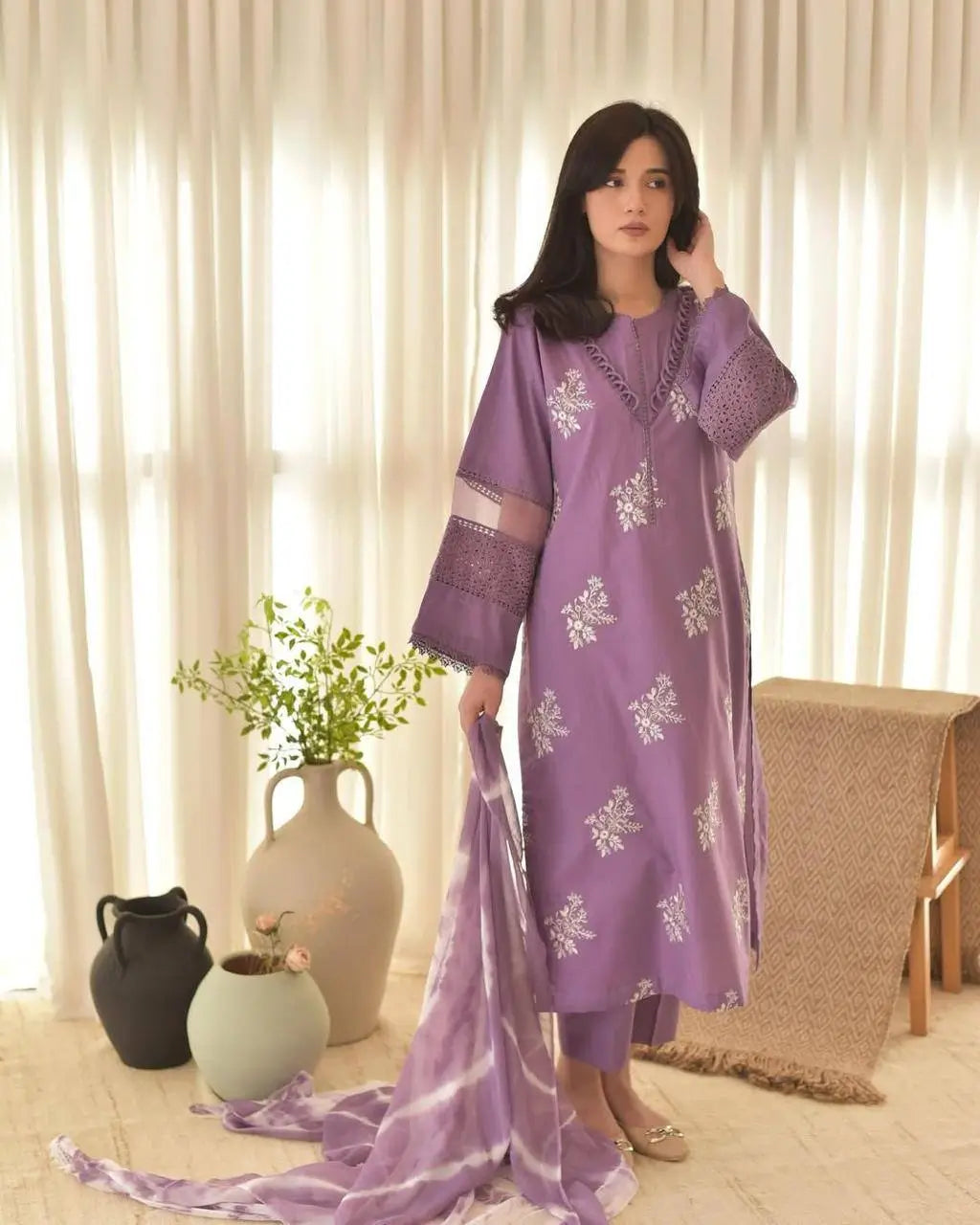 Embroidered Roman Silk Kurti Pant Set with Printed Silver Chiffon Dupatta