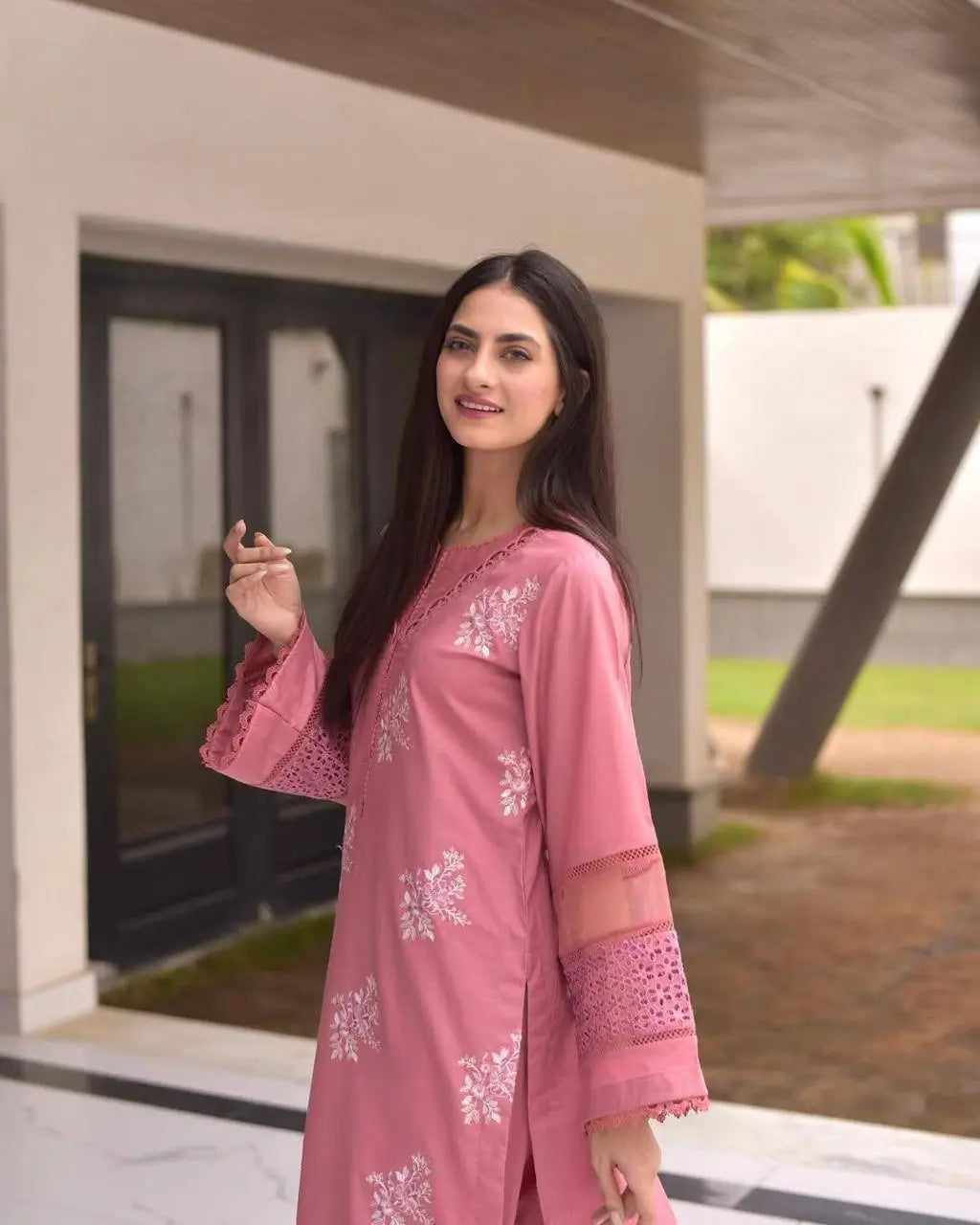 Embroidered Roman Silk Kurti Pant Set with Printed Silver Chiffon Dupatta