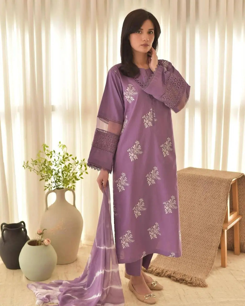Embroidered Roman Silk Kurti Pant Set with Printed Silver Chiffon Dupatta