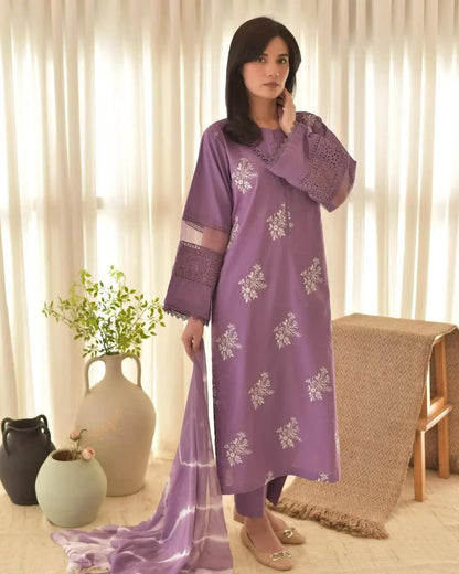 Embroidered Roman Silk Kurti Pant Set with Printed Silver Chiffon Dupatta