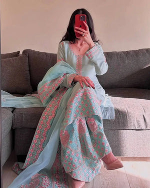 Embroidered Roman Silk Palazzo Suit with Net Dupatta