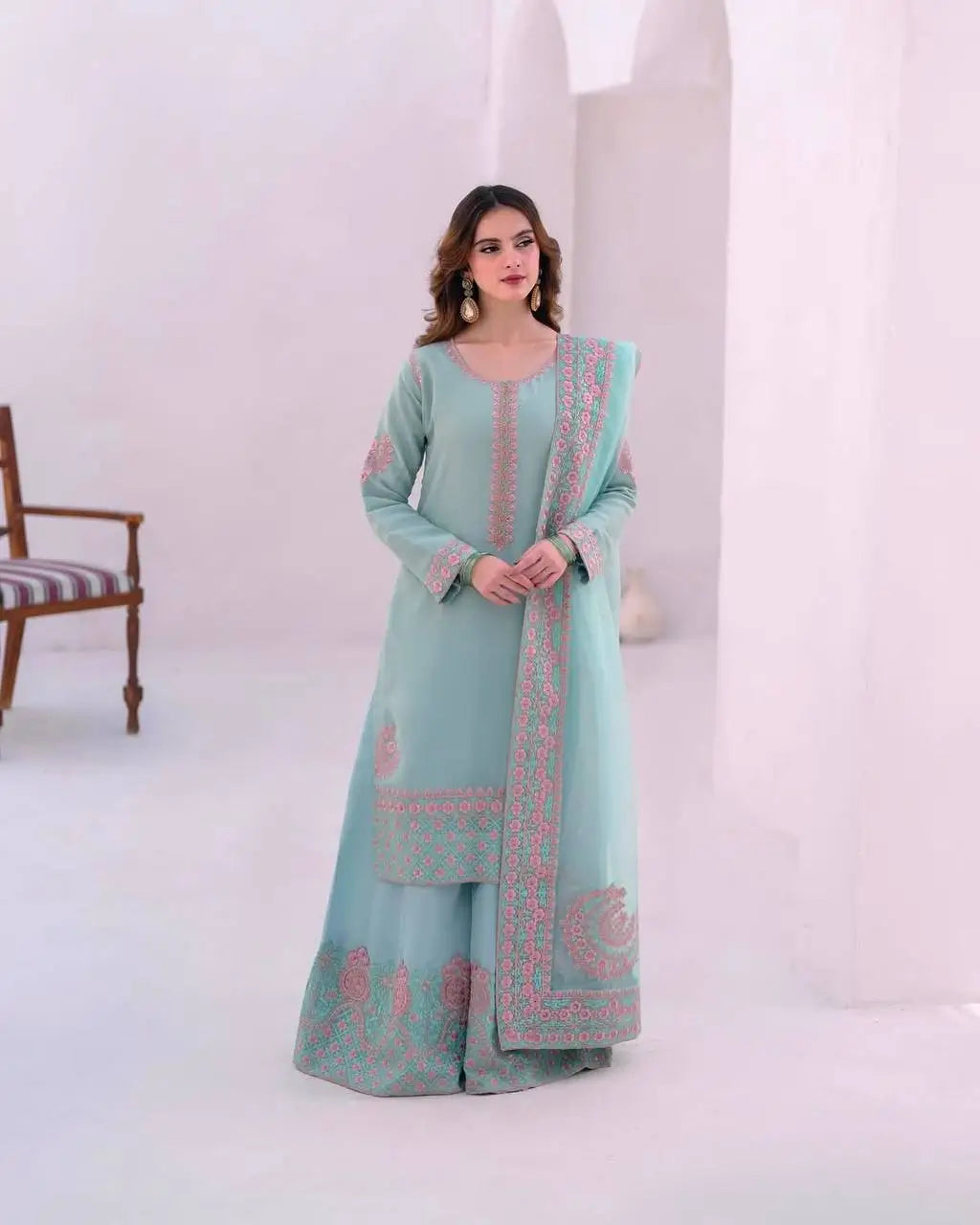 Embroidered Roman Silk Palazzo Suit with Net Dupatta