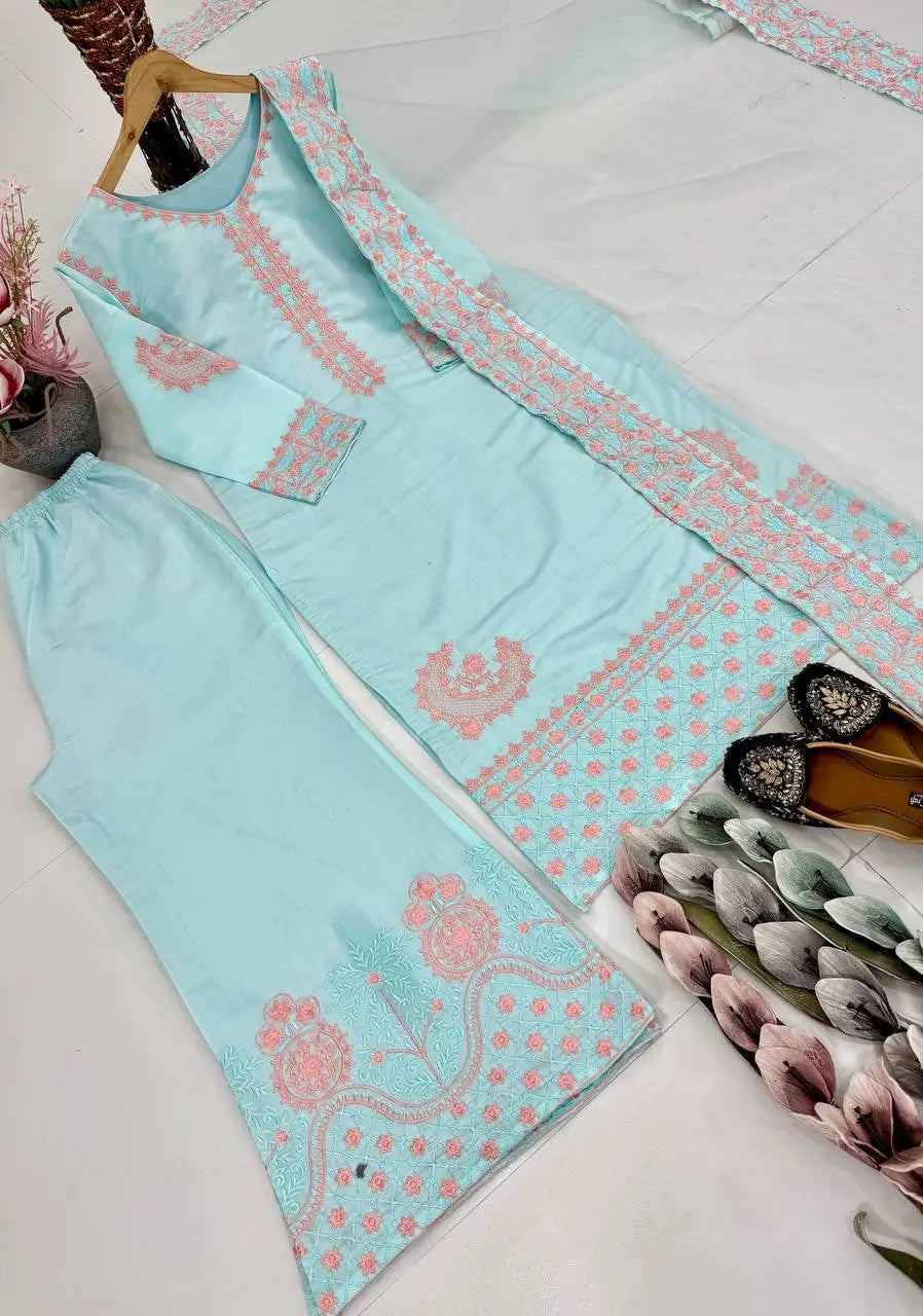 Embroidered Roman Silk Palazzo Suit with Net Dupatta
