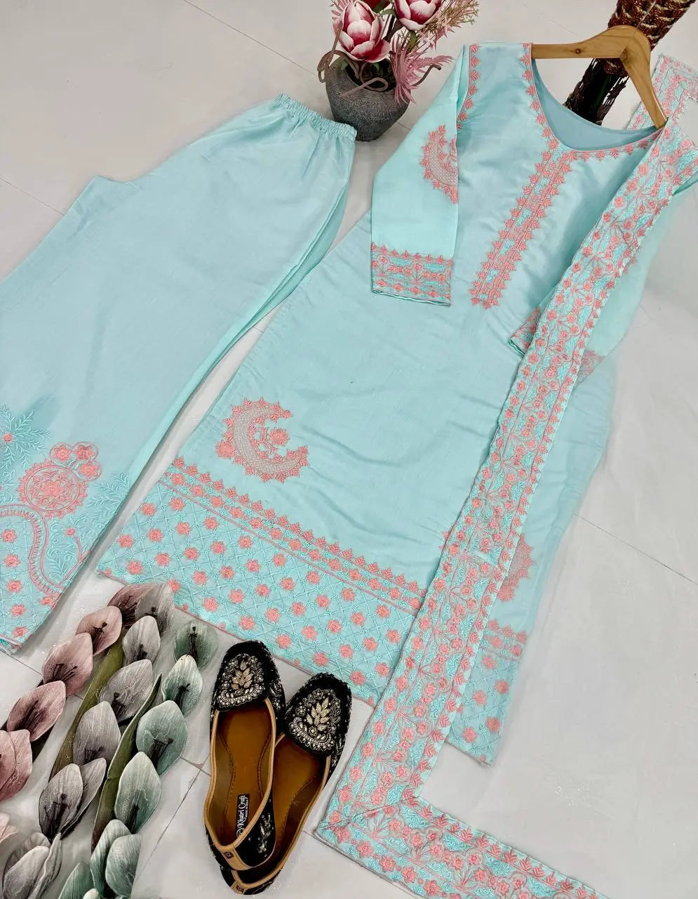 Embroidered Roman Silk Palazzo Suit with Net Dupatta