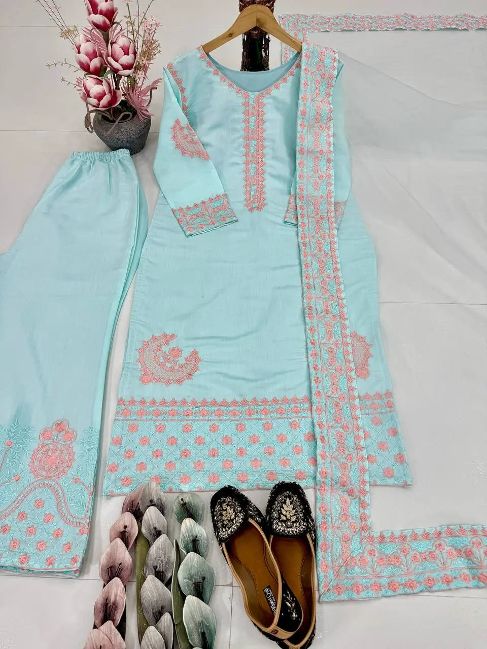 Embroidered Roman Silk Palazzo Suit with Net Dupatta