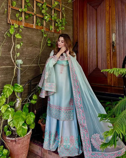 Embroidered Roman Silk Palazzo Suit with Net Dupatta