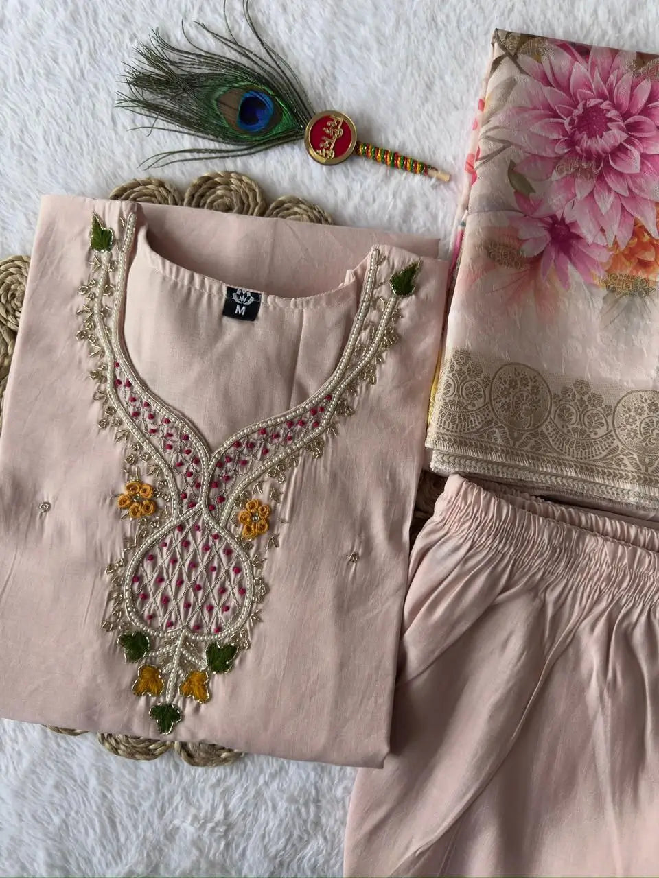 Embroidered Roman Silk Suit Set
